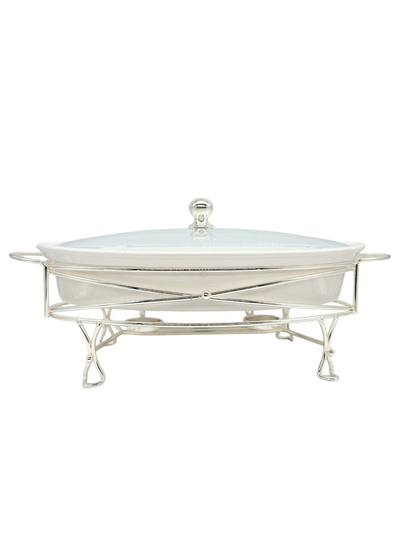 AL-GANNAS 2.2L Oval Ceramic Buffet Food Warmer on Metal Silver Stand | With 2 Tealight Candle Holders, Chafing Dish for Keeping Food Warm - Image 3